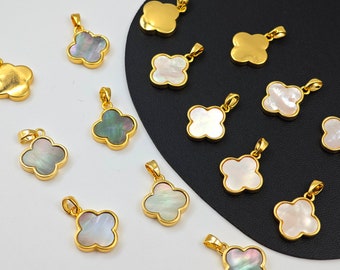 14×17mm Gold Leaf Clover Charm Pendants, Mother of Pearl  Four Leaf Clover Pendants ,Natural White/Gray MOP Clover Beads,2 pcs or more,YB106