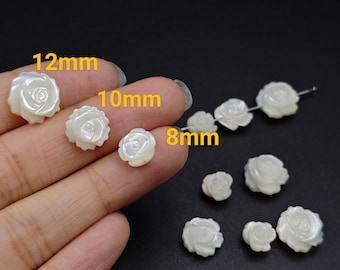 Mother Of Pearl Carved Rose Beads, Natural MOP White Rose Flower Beads,Shell Rose Floral Beads , 8/10/12 mm, 5-100 pcs,Jewelry Supplies,YB44