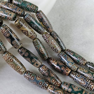 19 Eyes Dzi Beads Tibetan DZI Agate Oval Beads, 10 × 30 mm Tibetan Buddhist Amulet Beads, Antique Green & Brown Dzi Beads, 5 or 10 pcs,YB357