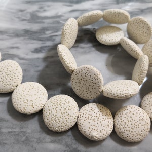 15 Inch Strand 21mm 26mm Coin Shape White Lava Rock Beads , Natural Volcanic Rock Beads ,Gemstone Beads Supplies , Lava Beads Wholesale