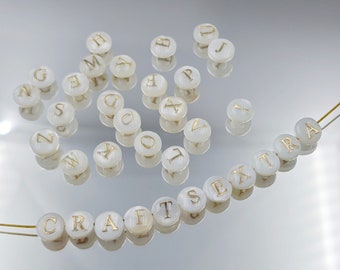 6 mm White & Gold Letter Beads, Mother Of Pearl Alphabet Beads , A-Z Initial Beads for Beading, Double Sided Puff Spacer, DIY Jewelry ,YB315