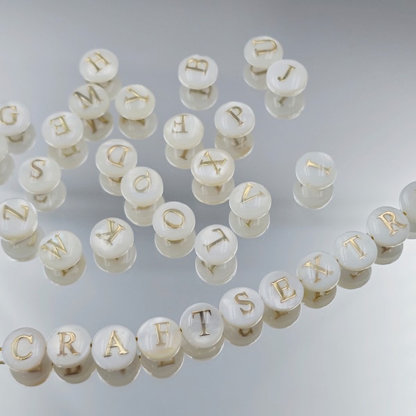 6 mm White & Gold Letter Beads, Mother Of Pearl Alphabet Beads , A-Z Initial Beads for Beading, Double Sided Puff Spacer, DIY Jewelry ,YB315