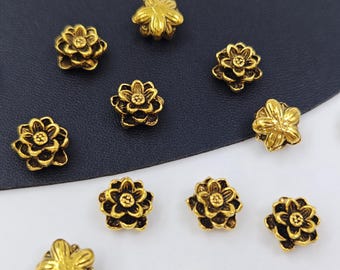 Cuentas de flor de loto de oro antiguo de 10 mm, 20 cuentas de loto de metal nepalí, cuentas espaciadoras de loto de oro antiguo, joyería de meditación, YB1167