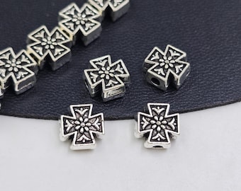 Cuentas de cruz de plata antigua de 8×8 mm, cuentas de cruz de doble cara, cuentas espaciadoras de metal en forma de cruz, cuentas con detalles florales, 20 o 40 unidades, YB1077