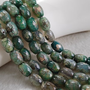Spider Pattern Dzi Barrel Beads, Tibetan DZI Agate Beads, 10 × 14 mm, 25 pcs Tibetan Buddhist Amulet Beads, Antique Green & Brown Dzi ,YB339
