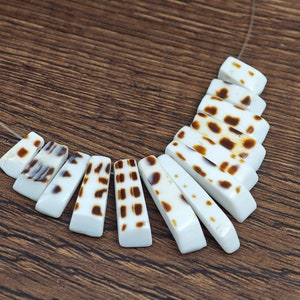 May include: A white and brown shell necklace with a fan-shaped design. The necklace is made of rectangular shell pieces with brown spots.