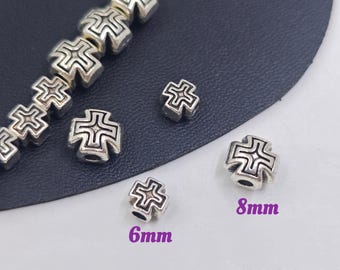 Cuentas de cruz de plata antigua de 6 mm y 8 mm, cuentas de cruz de doble cara, cuentas espaciadoras de metal en forma de cruz, cuentas de metal religiosas, 20 o 40 piezas, YB1079