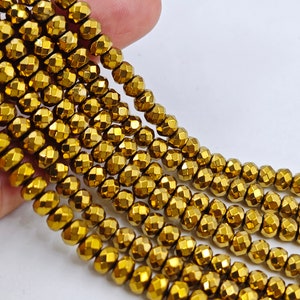 3×4 mm Faceted Gold Hematite Rondelle Beads, Metallic Gold Roundel Hematite Beads, Hematite Faceted Rondelle ,15.5&#39;&#39; per strd, 1 strd, YB791