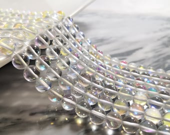 Full Strand 6mm 8mm 10 mm Mystic Aura Quartz ,Mermaid Glass Round Beads ,Holographic Beads , Quartz Beads Supplies