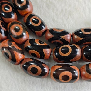 3 Eyes Dzi Beads, Tibetan DZI Agate Barrel Beads , 15 × 22 mm , 12 pcs Tibetan Buddhist Amulet Beads, Natural Black & Brown Dzi Beads, YB428