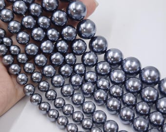 Perlas de vidrio gris, Perlas redondas de vidrio gris perlado, Perlas de vidrio redondas lisas de imitación gris perlado, 15,5'' por tira, Fabricación de joyas, YB1268