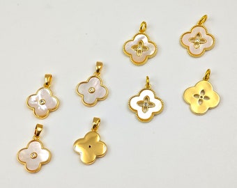 Gold Leaf Clover Charm Pendants, Mother of Pearl  Four Leaf Clover Pendants , Natural White MOP Clover , Lucky Charms ,2 pcs or more,YB107