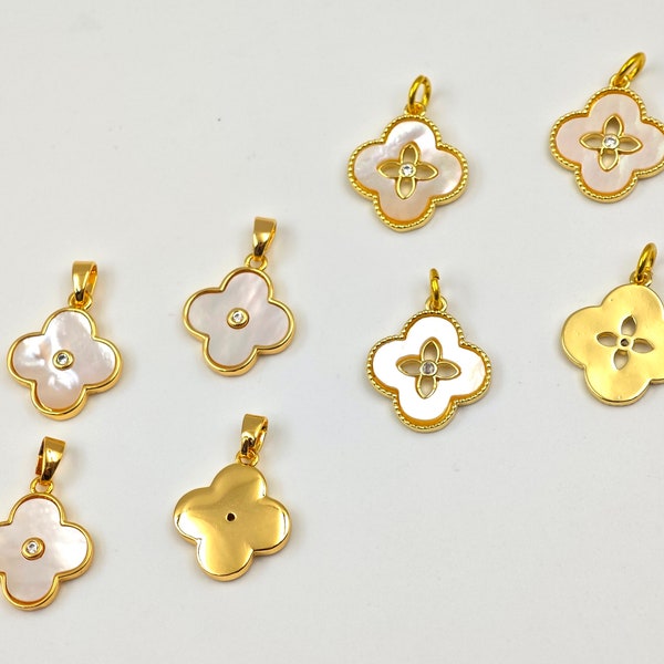 Gold Leaf Clover Charm Pendants, Mother of Pearl  Four Leaf Clover Pendants , Natural White MOP Clover , Lucky Charms ,2 pcs or more,YB107