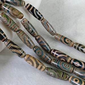 2 Eyes Dzi Beads, Tibetan DZI Agate Oval Beads, 10×30 mm , Tibetan Buddhist Amulet Beads, Natural Ancient Green Eye Agate, 5 or 10 pcs,YB355