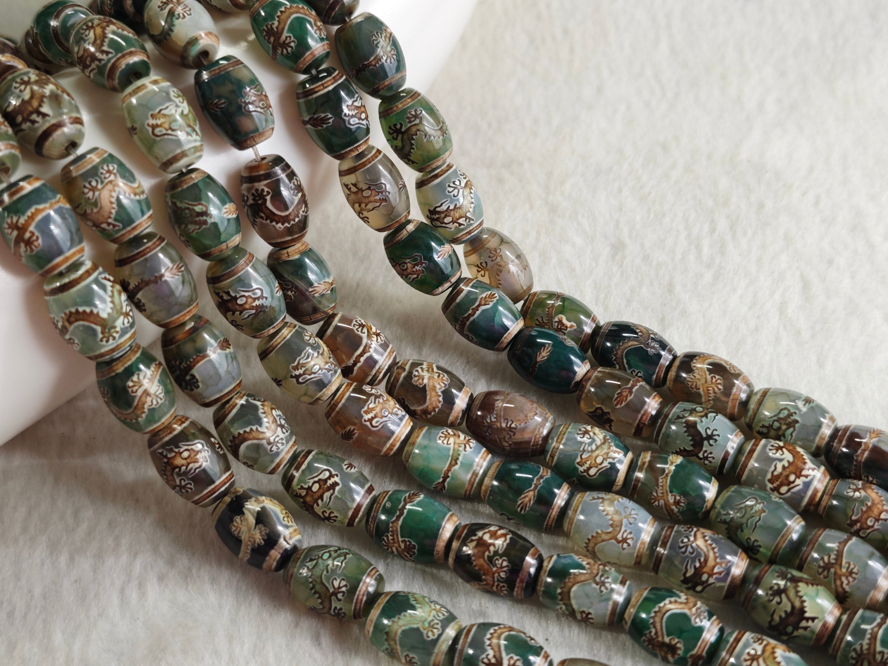 Dragon Dzi Beads, 10 × 14 Mm Tibetan Dragon Pattern DZI Beads