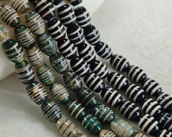 25 pcs Three Striped Barrel Agate Beads , 3 Line Tibet agate Beads , 10 × 14 mm Tibetan Dzi beads ,  Black / Ancient Green Barrel Dzi ,YB322