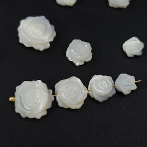 6/ 8/ 10/ 12 mm Mother Of Pearl Carved Rose Beads , Natural MOP White Rose Flower Beads,Shell Rose Floral Beads ,  5 pcs or more , YB44
