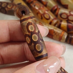 5 Eyes and Lightning Dzi Beads , 10 × 30 mm Tibetan Buddhism Amulet Beads , Ancient Brown Dzi Agate Talisman Beads , 5 pcs or more , YB489