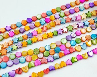 Mother Of Pearl Colored Beads, Multicolor Star Flower Round Coin Heart MOP Beads, Dyed MOP Beads, Rainbow, 15" per strd,1 strd or more,YB251