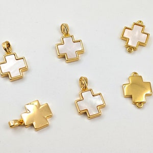 12.5mm Gold Plated Mother Of Pearl Cross Dangle Pendants, Natural White MOP Cross Charms , Pearl Shell Cross Charm , 2 pcs or more, YB146