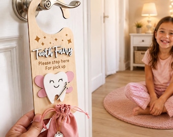 Tooth Fairy Door Hanger Pink Wooden Keepsake Gift Money Slot & Baby Tooth Fairy Bag Holder