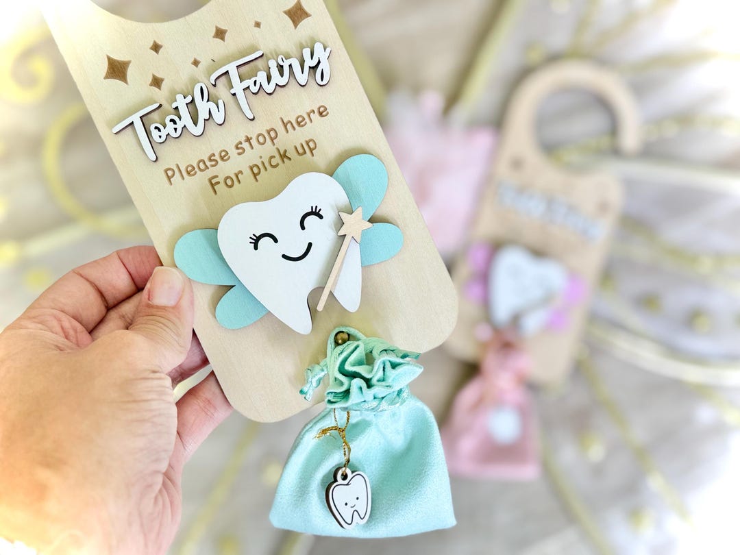 Tooth Fairy Door Hanger: Wooden Blue Keepsake Gift With Tooth Pouch ...