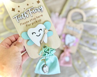 Tooth Fairy Door Hanger: Wooden Blue Keepsake Gift with Tooth Pouch & Money Slot