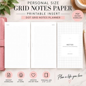 May include: Personal size grid notes paper printable insert for a dot grid notes planner. The white paper features a grid pattern and the text NOTES, THOUGHTS, IDEAS, REMINDERS. The insert is labelled as personal size 9.53 cm by 17.15 cm.
