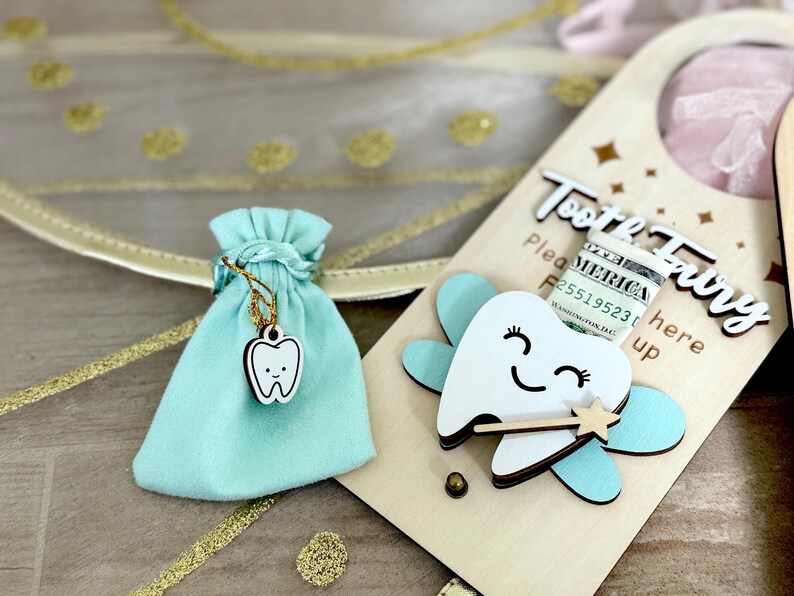 Tooth Fairy Door Hanger: Wooden Blue Keepsake Gift With Tooth Pouch ...