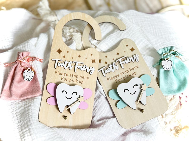 Tooth Fairy Door Hanger: Wooden Blue Keepsake Gift With Tooth Pouch ...