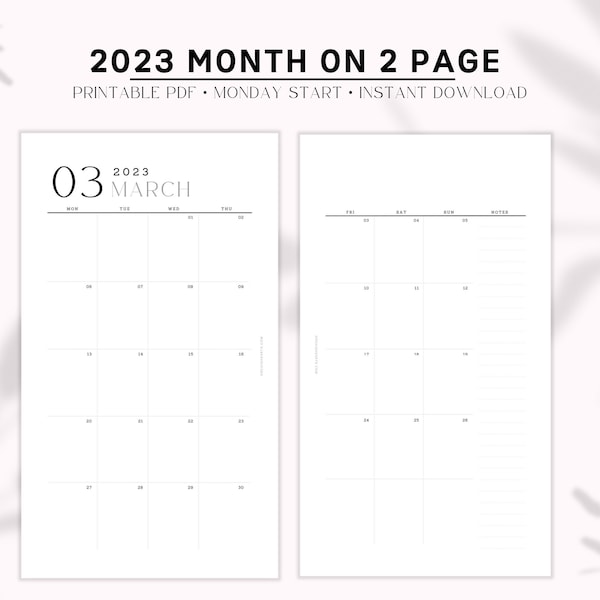 Instant Download | PERSONAL size mm Agenda | Monthly Planner Inserts - Month on 2 Pages | Monday Start