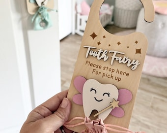 Tooth Fairy Door Hanger Pink Wooden Keepsake Gift Money Slot & Baby Tooth Fairy Bag Holder
