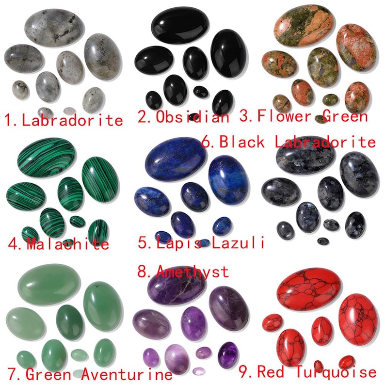 K&ouml;nnte beinhalten: Eine Sammlung polierter Edelsteine in verschiedenen Farben und Gr&ouml;&szlig;en. Das Bild zeigt Labradorit, Obsidian, Flower Green, Malachit, Lapis Lazuli, Black Labradorite, Green Aventurine, Amethyst und Red Turquoise. Jeder Stein ist mit einer Nummer und seinem Namen beschriftet.