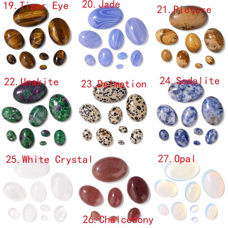 K&ouml;nnte beinhalten: Eine Sammlung polierter Edelsteine, darunter Tigerauge, Jade, Bildstein, Unakit, Dalmatinerstein, Sodalith, Wei&szlig;er Kristall, Chalcedon und Opal. Die Steine variieren in Gr&ouml;&szlig;e und Farbe, mit sichtbaren Texturen und Mustern.