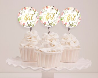 Floral "It's a Girl" Cupcake Toppers--INSTANT DOWNLOAD--Boho BABY Shower--Gold Foil--Rustic Baby--Floral Toppers--Vintage--Baby Girl--Flower