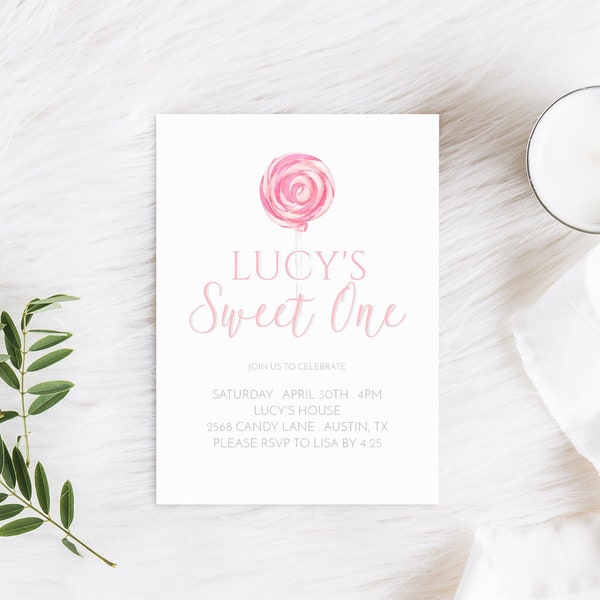 Sweet One Birthday Invitation--Self Edit--INSTANT DOWNLOAD--first birthday theme--lollipop Invite--CANDY birthday--Baby Girl--sweet one