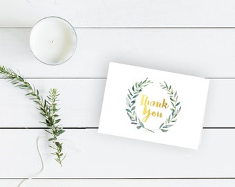 Gold Foil Thank You Card with Rustic Wreath--INSTANT DOWNLOAD--Wedding--Bridal Shower--Baby Shower--Birthday Party--gift card--thank you