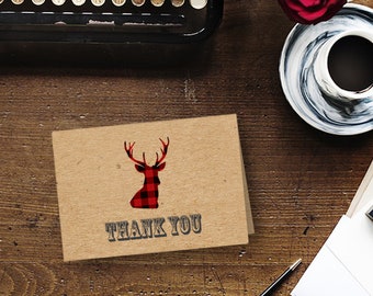 Plaid Deer "Thank You" Card-----INSTANT DOWNLOAD---Plaid--Rustic--Party--kids--baby--Lumberjack---Winter--Flannel---Christmas--Camping