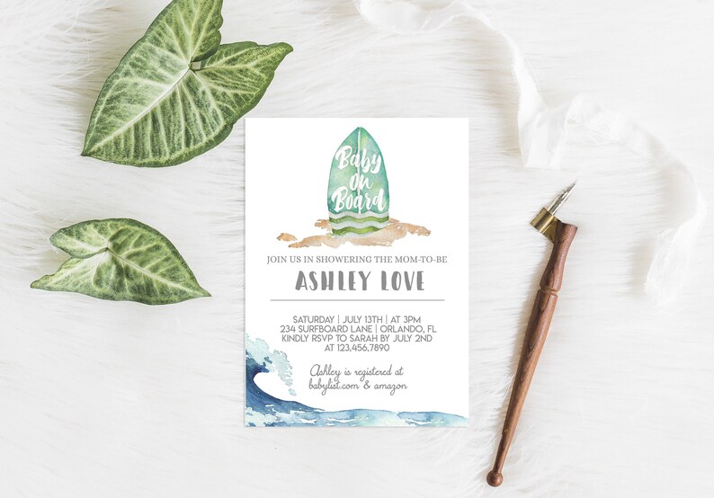 Baby on Board Baby Shower InvitationSelf EditINSTANT DOWNLOADSurf Invitebaby showerBaby BoySurfer BabyDigitalPool Party image 1