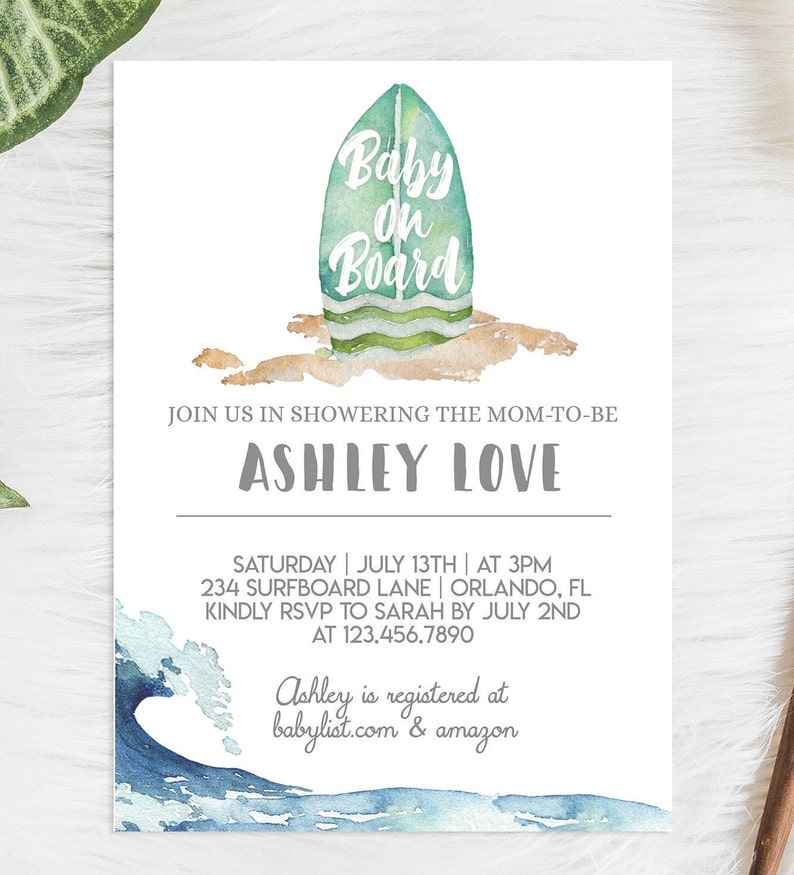 Baby on Board Baby Shower InvitationSelf EditINSTANT DOWNLOADSurf Invitebaby showerBaby BoySurfer BabyDigitalPool Party image 2