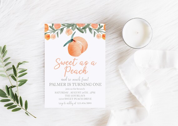 Sweet as a Peach Invitation--Self Edit--INSTANT DOWNLOAD--first birthday theme— Invite--birthday--Baby Girl--One Sweet Peach Il_570xn