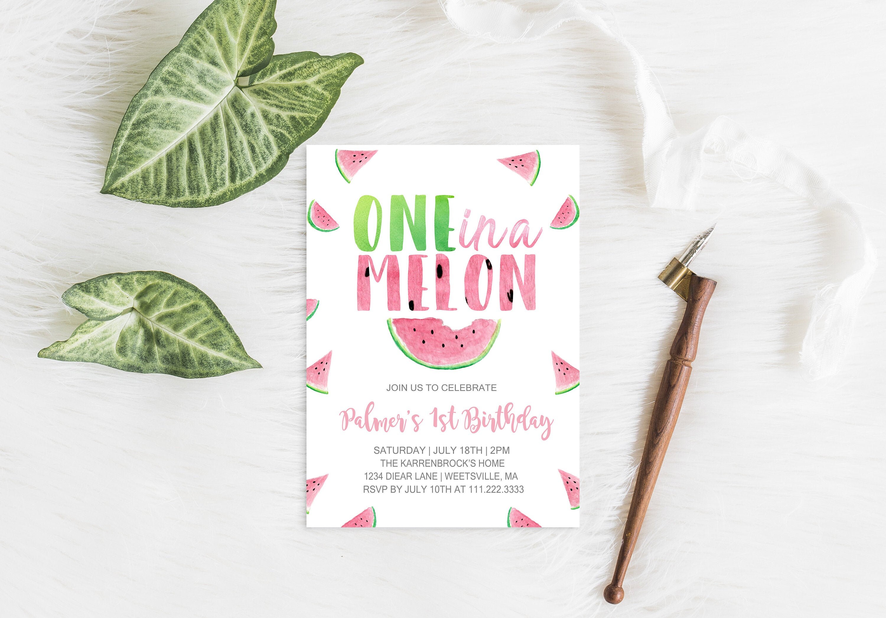 One in a Melon Birthday Invitation--Self Edit--INSTANT DOWNLOAD--Wate…