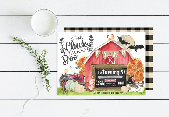 Halloween Farm Birthday Invitation--Farm Animals--Farmhouse Invite--First Birthday--Pumpkins--Cows--Red Plaid--Tractor--Spooky--Fall Party Il_570xn