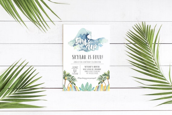 Surfer Birthday Invitation--Surf's Up--Digital or SHIP--Boy Birthday--Beach Theme--Surfboards--Tropical--Ocean Wave--Surfer Girl--Pool Party Il_570xn