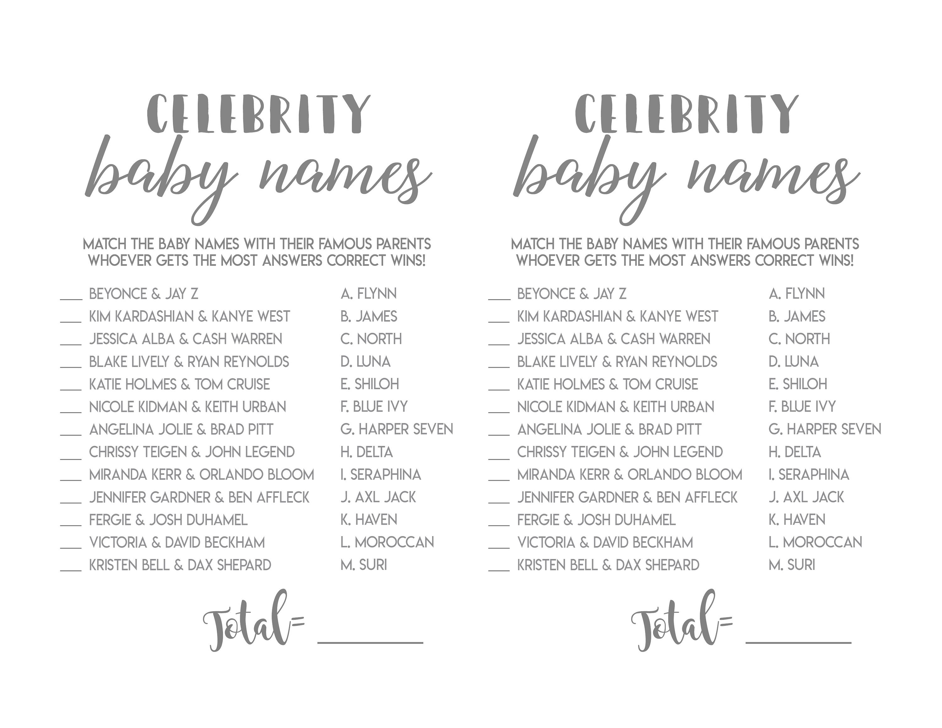 Celebrity Baby Name Match Up Baby Shower GameINSTANT | Etsy