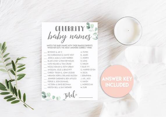 Celebrity Baby Name Match Up Baby Shower Game--INSTANT DOWNLOAD--dIgital--boho baby Shower--Eucalyptus---fun activities--mom to be--baby Il_570xn