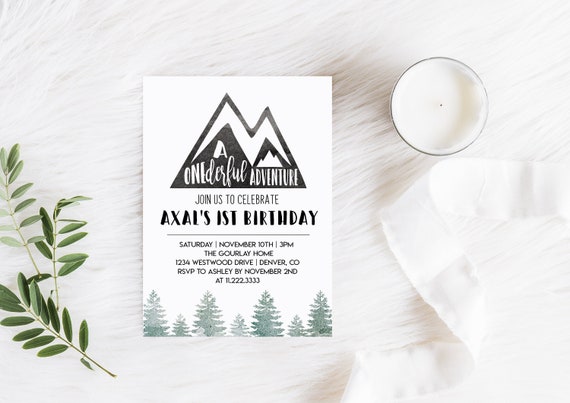 A ONEderful Adventure Birthday Invitation--SELF EDIT--Instant Download--Birthday--Mountain--Rustic--Trees--Baby Boy--First Birthday--Camping Il_570xn