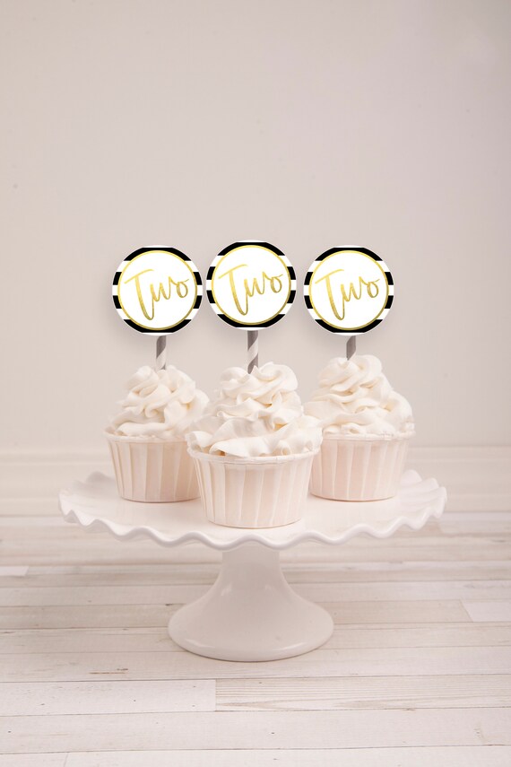 Black Stripes and Gold Foil Cupcake Toppers--DIGITAL DOWNLOAD--Black and White Stripes--Donut Toppers--Birthday Party-kids--baby-Glam Party Il_570xn
