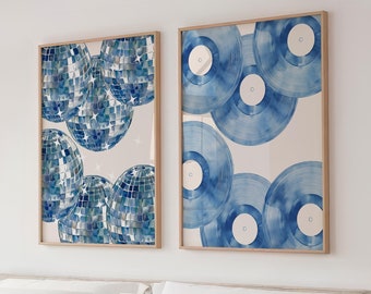 Navy Light Blue Diskokugel Drucke: Retro Spiegelball Wandkunst (Digitaler Download)