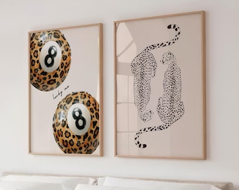 Leopard and 8-Ball Print Set: Neutral Funky Wall Art, Preppy Apartment Decor (Digital Download)